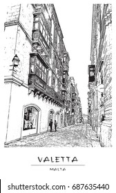 Valletta, Malta. Urban scene in the downtown district. Beautiful view of a narrow street of the old town. Vector illustration.
The result of black and white auto-trace adapted for easy use. 