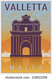 Valletta Vintage poster in orange and blue textured background with skyilne in white