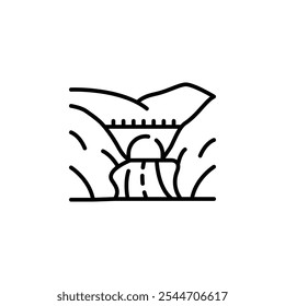 Vale com ícone Ponte. Ícone simples representando uma estrada através de um vale com uma ponte, ideal para mídias sociais, aplicativos e web design. Ilustração vetorial
