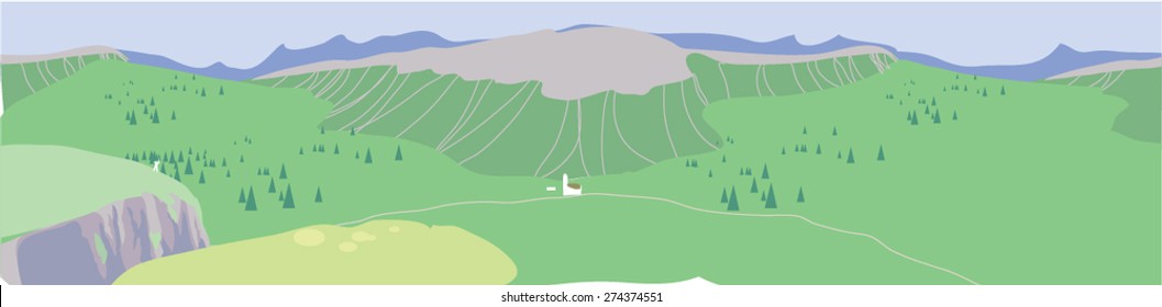 Valley with a house in the hills. Vector