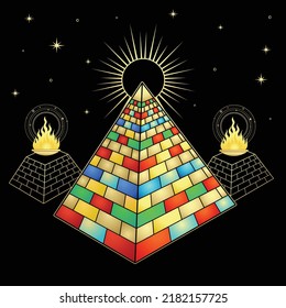 Valley of the kings. Animation color drawing: decorative symbol of  Egyptian pyramid, ritual fire. Night starry sky. Egyptian history and mythology. Vector illustration isolated on a black background.