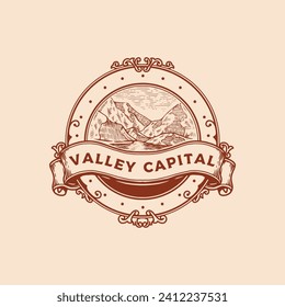 Valley with lake vintage hand drawn logo design vector