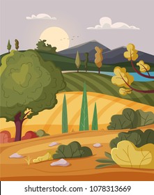 Valley landscape. Cartoon vector illustration. Vintage poster. Welcome to summer