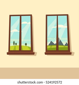 Valley landscape. Cartoon vector illustration. Vintage poster. Welcome to real world. Retro style. View from the windows