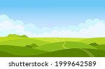 Valley landscape in flat style. Cartoon meadow landscape with grass. Blue sky with white clouds. Empty green field with trees and road. Summer day. Green hills background, empty glade template. Vector