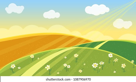 Valley landscape with flowers and sun. Vector illustration.