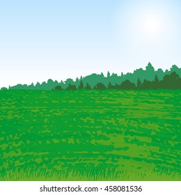 valley landscape with forest and grass, nature background, green field and trees, hand drawn vector illustration