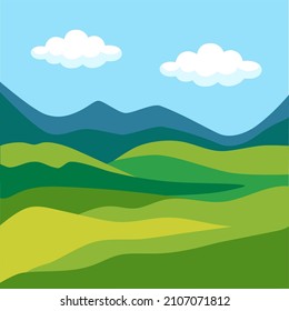 Valley. Landscape of a green valley with mountains in the background, and clouds in the sky. Spring, summer, valley for agriculture, farming, tourism. Vector flat illustration, cartoon style.