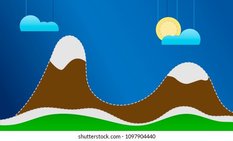 Valley landscape with mountains, clouds and sun. Vector illustration.