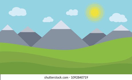 Valley landscape with mountains and sun. Vector illustration.