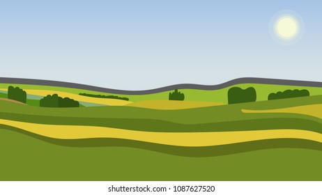 Valley landscape with trees, mountains and sun. Vector illustration.