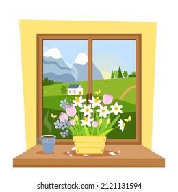 Paisaje del valle. Ventana que da a las verdes colinas. Caja con flores de primavera en el umbral de la ventana. Ilustración vectorial en estilo plano.