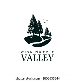 Valley Logo Black Pine Tree Vector,  Silhouette Winding Path Illustration Design Ideas