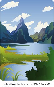 valley mountain with river and mountains landscape cartoon illustration.