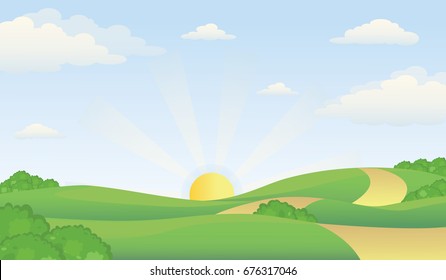Valley Scenery in Early Morning with Sunrise on the Horizon.Rural Landscape Vector Illustration.