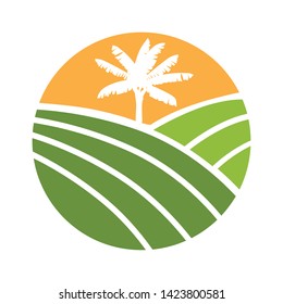 valley, sun and banana tree, vector logo icon