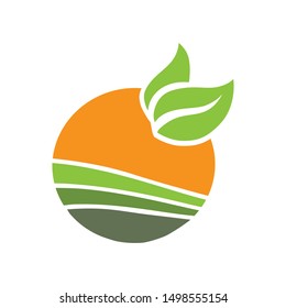 Valley, sun and green leaves. agricultural modern logo icon