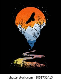 valley sunset and flying eagle.Vector illustration design.