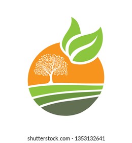 Valley, tree, sun and green leaves.. agricultural logo icon
