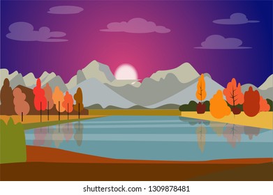 The valley under the hill with a lake and colorful trees surrounding it