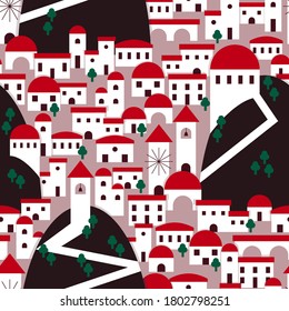 Valley village illustration pattern with red roof houses and trees. Vector seamless pattern design for textile, fashion, paper and wrapping. 