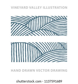 Valley . Vineyard and sunny valley hand drawn illustration.
Nature and meadows. Vineyard woodcut style sketch drawing.
Landscape abstract background.