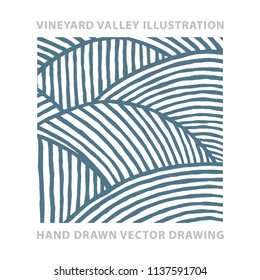 Valley . Vineyard and sunny valley hand drawn illustration.
Nature and meadows. Vineyard woodcut style sketch drawing.
Landscape abstract background.
