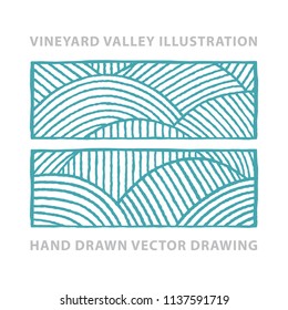 Valley . Vineyard and sunny valley hand drawn illustration.
Nature and meadows. Vineyard woodcut style sketch drawing.
Landscape abstract background.