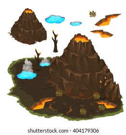 Valley of volcanoes and geysers on a white background. Vector illustration.