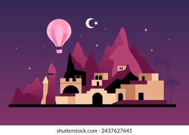 Valley of the Witch Trumpets - modern colored vector illustration with dark streets of Turkish city. The most popular areas in Cappadocia. Hot Air Balloon festival, Entertainment for tourists