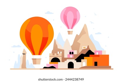 Valley of the Witch Trumpets - modern colored vector illustration with one of the most popular areas in Cappadocia, it has the shape of a triangle. Hot Air Balloon festival, Entertainment for tourists