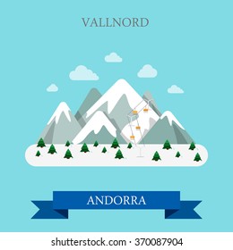 Vallnord well known famous mountain ski resort in Andorra. Flat cartoon style historic sight showplace attraction web site vector illustration. World countries vacation travel sightseeing collection.