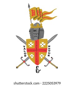 Valor y honor. Ilustración vectorial del caballero medieval. Diseño de camisetas
