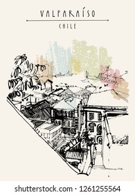 Valparaiso, Chile, South America. View of the port from a dangerous favela. Vintage hand drawn postcard or poster. Travel sketch. Vector illustration