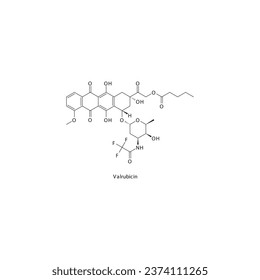 Estructura molecular esquelética plana de valrubicina Medicamento antraciclino utilizado en el tratamiento del cáncer de vejiga. Ilustración vectorial.
