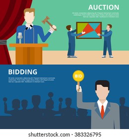 Valuable art object culture auction bidding concept flat web banner vector illustration. Picture in frame  auctioneer barker bidder buyer. Creative people collection.