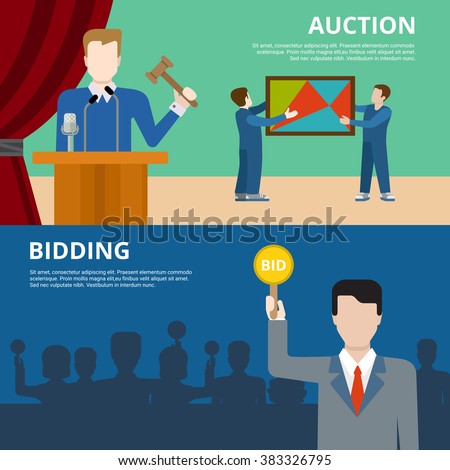 Valuable art object culture auction bidding concept flat web banner vector illustration. Picture in frame  auctioneer barker bidder buyer. Creative people collection.