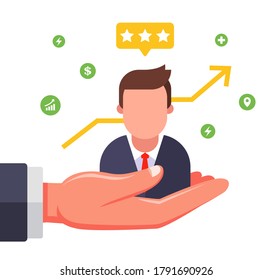 A Valuable Employee On The Boss Hand. Find A Good Manager. Flat Vector Illustration Isolated On White Background