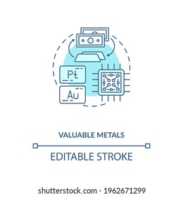 Valuable metals concept icon. E-waste component idea thin line illustration. Platinum, gold. Contact strips, rivets, wires, rods. Vector isolated outline RGB color drawing. Editable stroke
