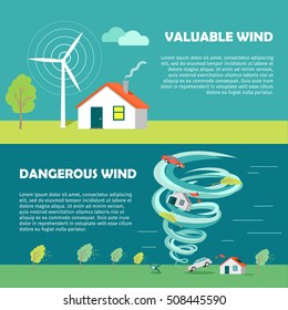 Valuable wind strength levels, dangerous banners. Windless breeze strong hurricane. Cottage house. Natural disaster. Changeable weather concept. Vector