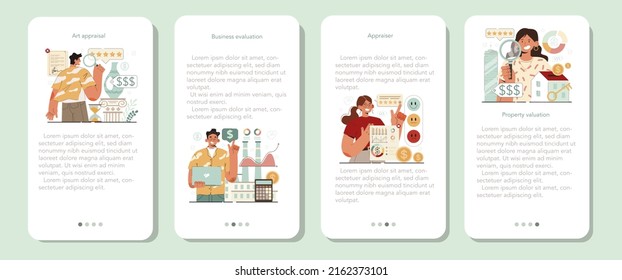Valuables evaluation mobile application banner set. Appraisal services, selling and buying a busness or property. Investing and financial success idea. Isolated flat vector illustration