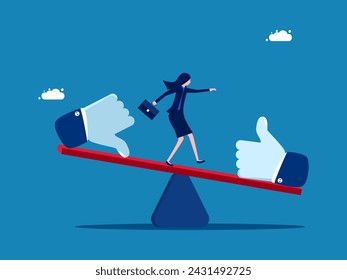 Valuation, pros and cons. Businesswoman balancing on seesaw with thumb up and thumb down