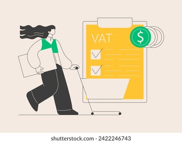 Ilustración vectorial de concepto abstracto del sistema de impuesto sobre el valor añadido. Validación del número de IVA, control fiscal global, sistema de impuestos al consumo, valor añadido, buena compra de venta al por menor, metáfora abstracta del coste total.