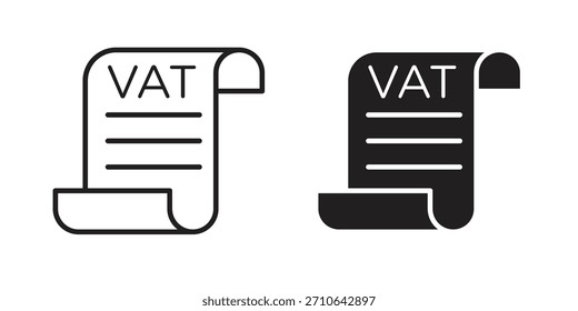 Icono de IVA en un diseño de Vector de trazo negro y versión sólida plana sobre fondo blanco