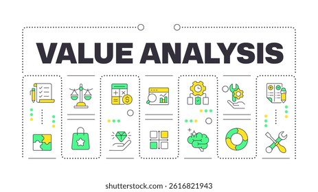 Value analysis word concept isolated on white. Problem solving, workflow. Process management. Creative illustration banner surrounded by editable line colorful icons