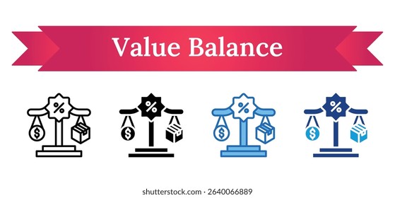 Value Balance Multi Style Icon - Scale balancing money and a box under a percentage, representing cost-efficiency and value evaluation