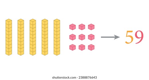 Value of base ten blocks example. Names and examples. Learning about base ten blocks. Flats longs squares in mathematics. Scientific resources for teachers and students. Vector illustration.