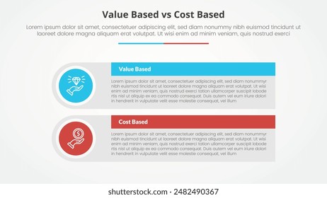 value based vs cost based comparison opposite infographic concept for slide presentation with big rectangle table box with round circle edge with flat style vector