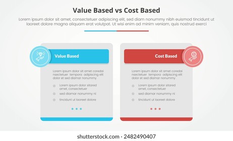 comparación basada en el valor frente al costo concepto de infografía opuesta para presentación de diapositivas con tabla de caja grande y cabecera de insignia circular con Vector de estilo plano