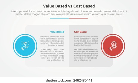 value based vs cost based comparison opposite infographic concept for slide presentation with big box table and circle badge on side with flat style vector